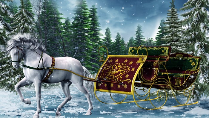 White horse harnessed to a sleigh in a snowy forest