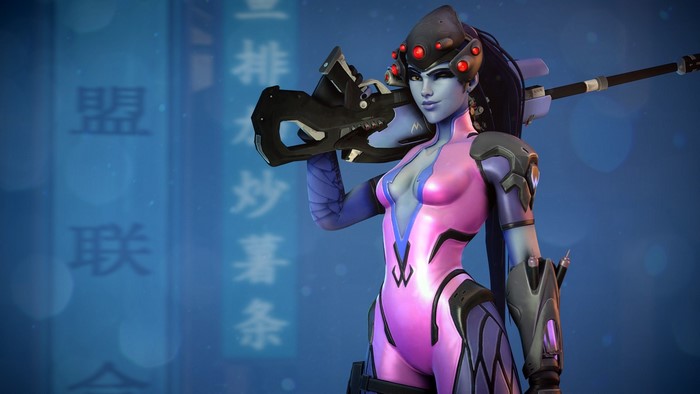 Widowmaker from Overwatch holding her sniper rifle