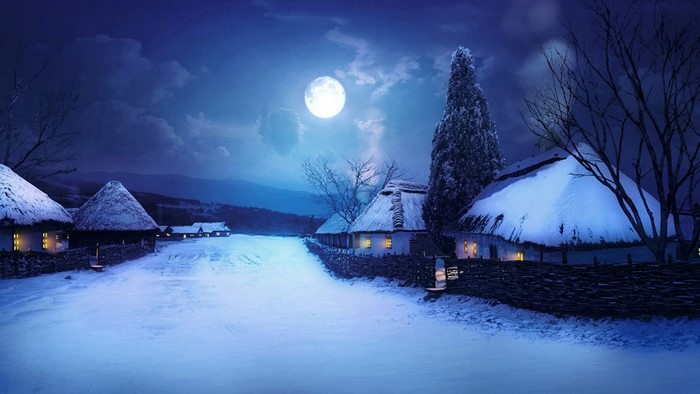 Winter village under the moonlight