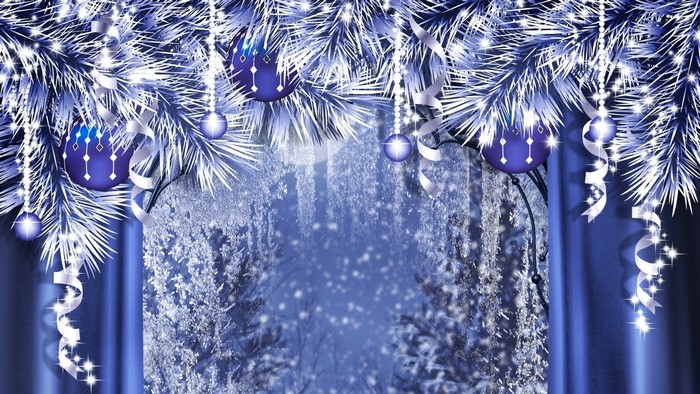 Christmas Decorations on Snowy Forest Background
