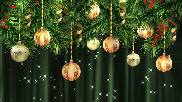 Christmas tree branches with ornaments and ribbons