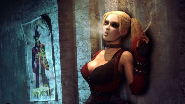 Harley Quinn smoking in front of a Joker poster