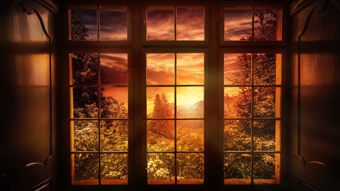 Sunset view through a window