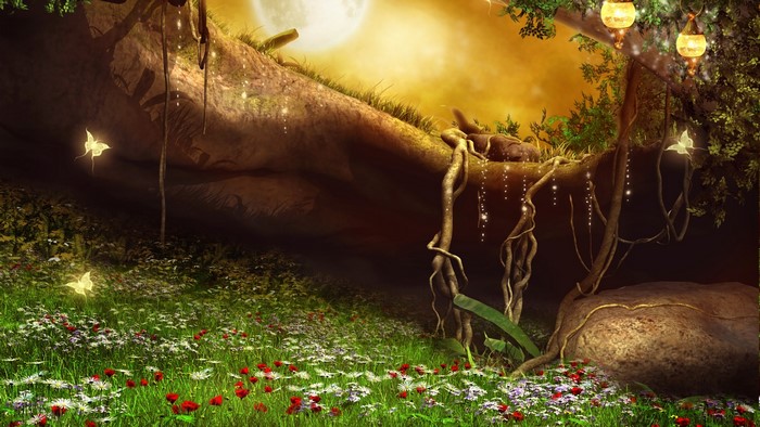 Fairy world with glowing lights and flowers