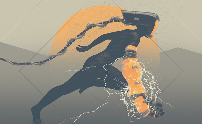 Robotic woman with orange arm and cables