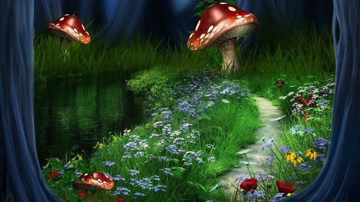 Fairy world with mushrooms and flowers