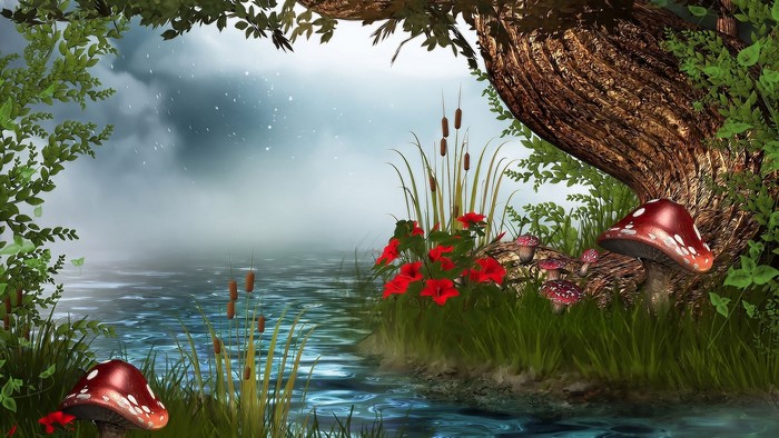 Fairy world with mushrooms and flowers by the water