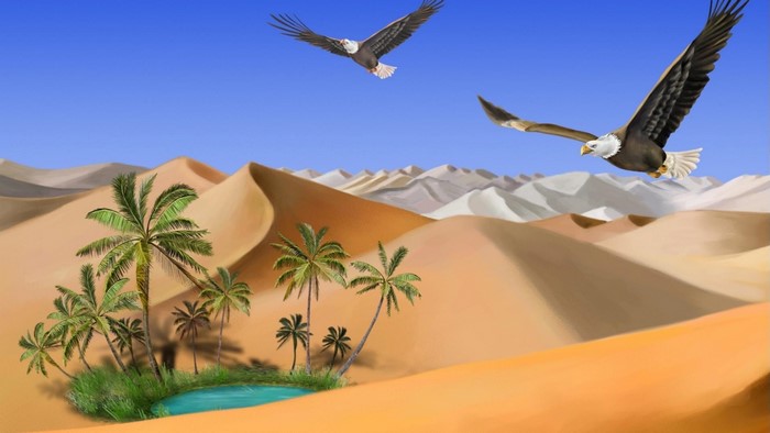 Oasis in the desert with eagles flying