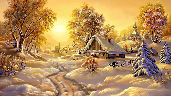 Winter fairy tale landscape with a cabin and church