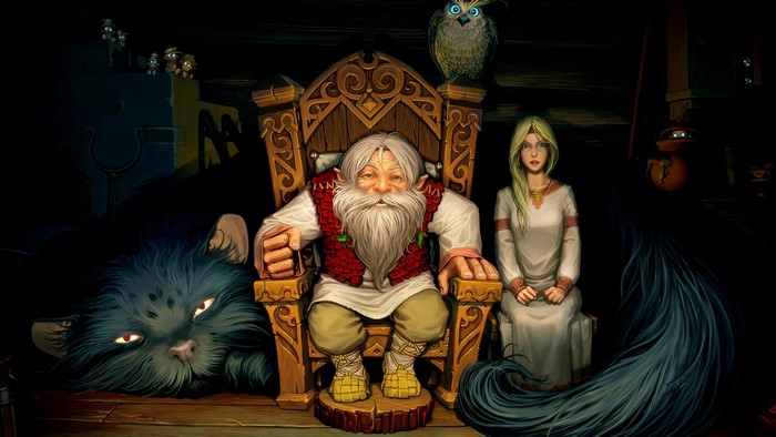 Lesovik and companions in a dark room
