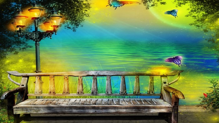 Fairy world with bench and lamp