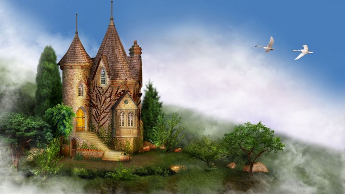 Fantasy castle with two swans flying in the sky