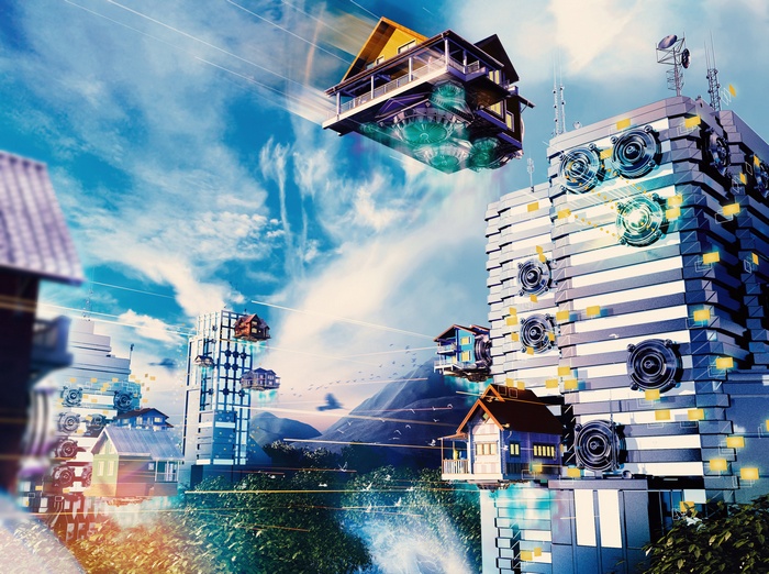 Futuristic city with flying houses and modern architecture
