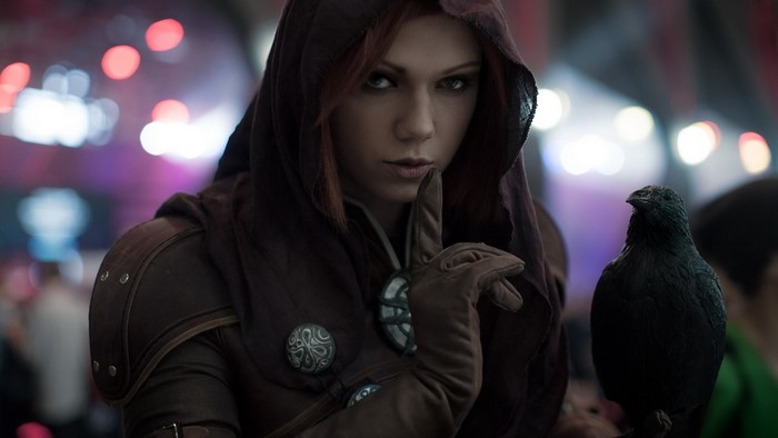 Leliana from Dragon Age cosplay with a raven