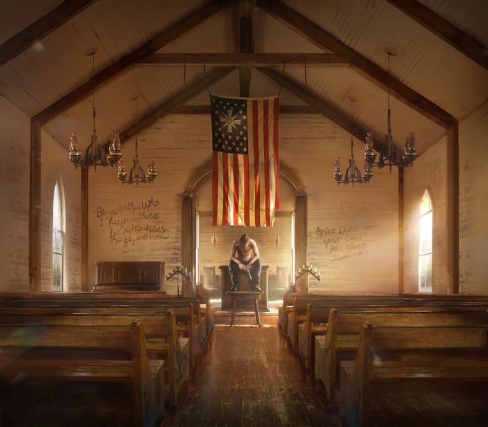 Far Cry 5 Church Interior with Flag and Man