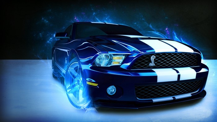 Blue Ford Shelby Mustang with white stripes
