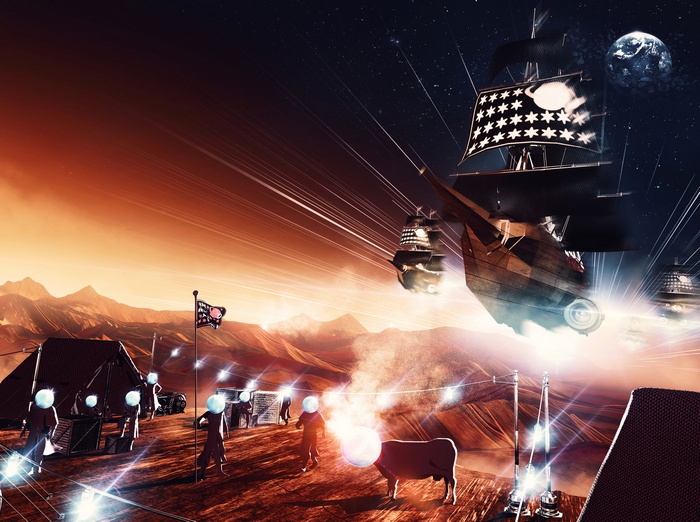 Spaceships over a Mars colony with humans and a cow