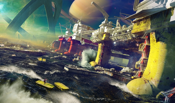 Concept art of Destiny 2 structures in rough seas
