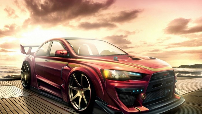 Red Mitsubishi Lancer Evolution with Widebody Kit