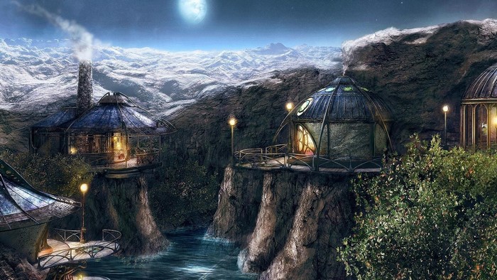 Fantasy village on rocky cliffs by the water