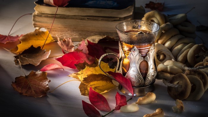 Autumn still life with tea and books