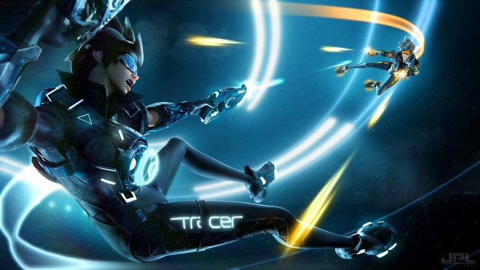Tracer from Overwatch in futuristic combat