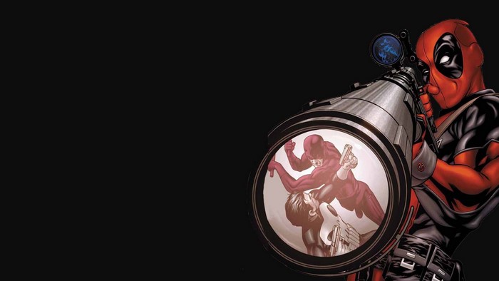 Deadpool looking through a telescope at Daredevil and Punisher