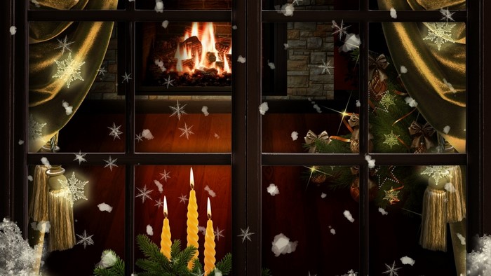 Christmas window with fireplace and tree