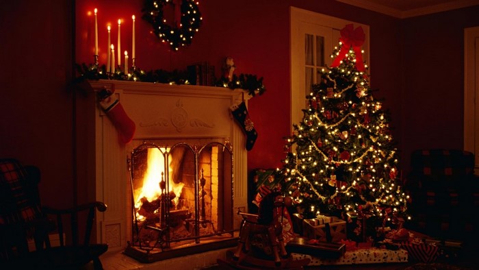Christmas tree and fireplace with burning fire