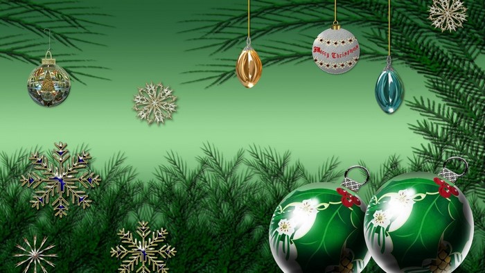 Christmas Ornaments and Snowflakes on Pine Branches