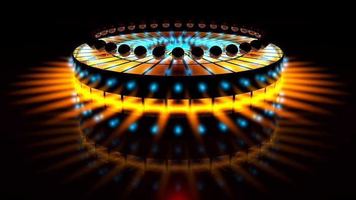 Circular stage with lights and spheres