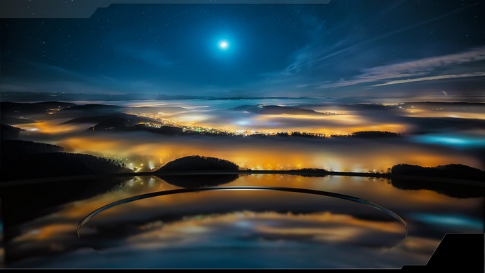 Night landscape with moon and city lights over fog