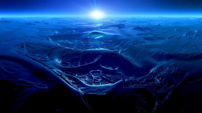 Abstract Blue Ocean Waves with Sunburst