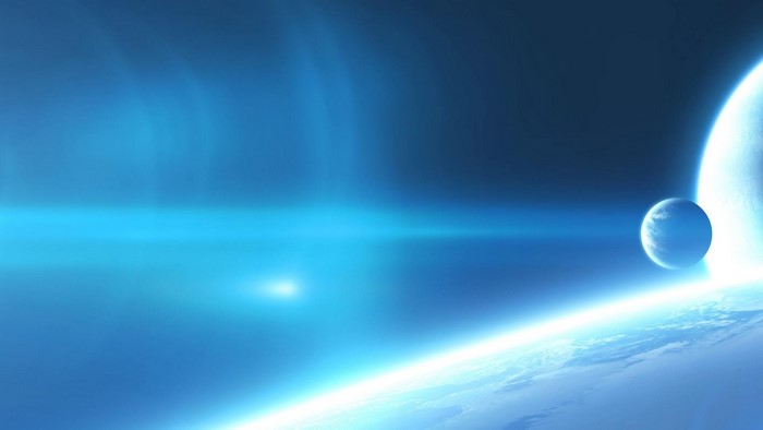 Planets and moons in deep space with blue glow