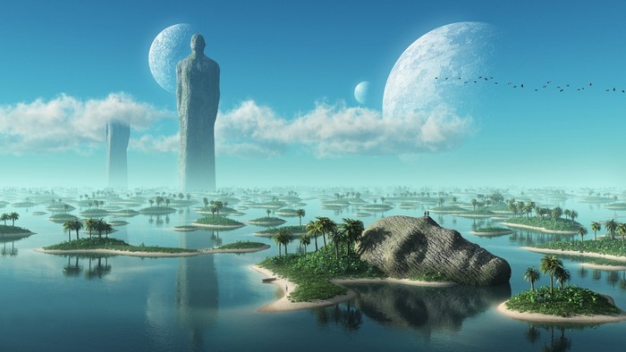 Giant statues on islands with moons in the sky