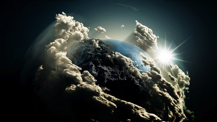 Planet Earth with Clouds and Sun