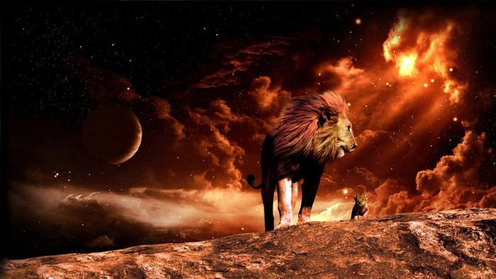Lion and cub on a rocky planet with nebula