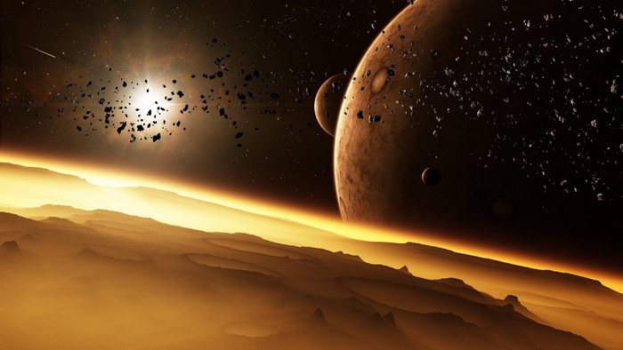Space scene with planets and asteroids
