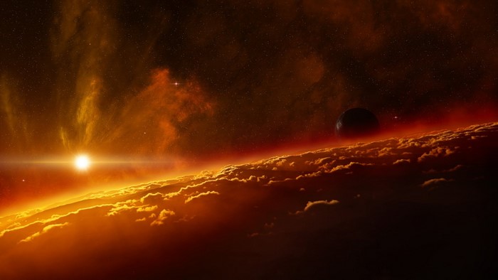 Planet with clouds and sun in space