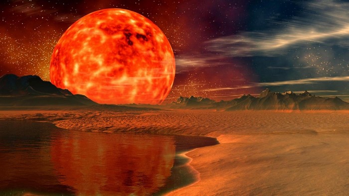 The Sun over a barren alien planet with a lake