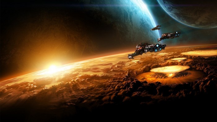 Spaceships over a planet with explosions