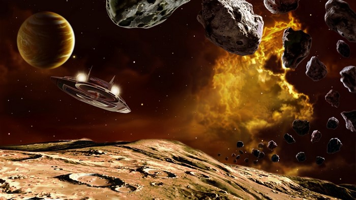 Spaceship near planet and asteroids