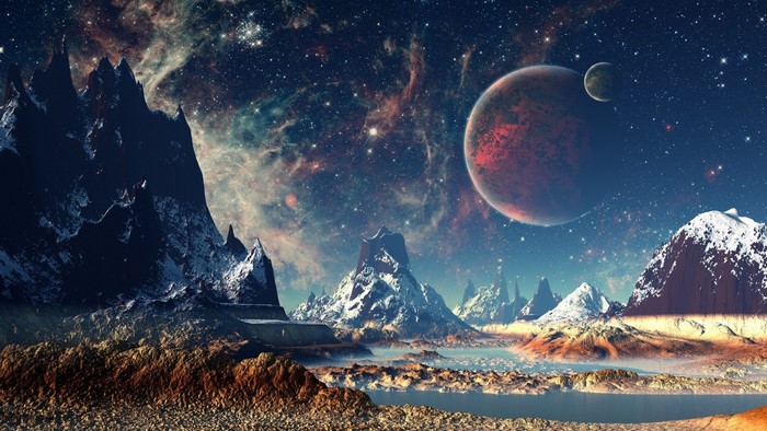 Alien planet landscape with red planet and moon