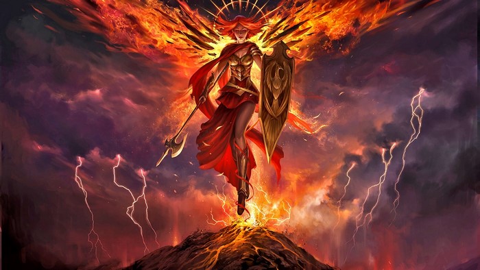 Fiery winged warrior with shield and spear