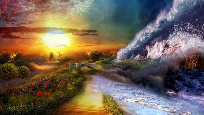 Surreal landscape with a giant wave and sunset