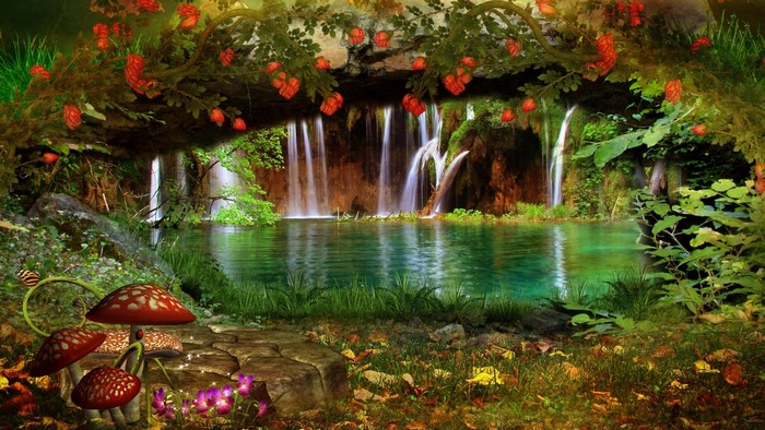 Enchanted Forest Waterfall with Mushrooms and Roses