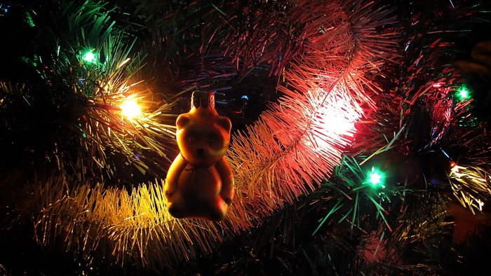 Christmas tree with teddy bear ornament and lights