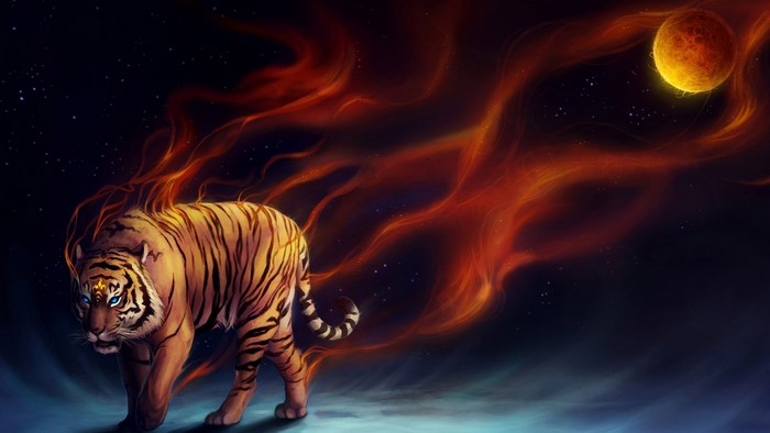 Tiger with fiery mane in space