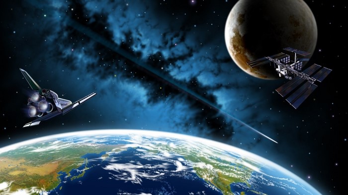 Space Shuttle and ISS orbiting Earth