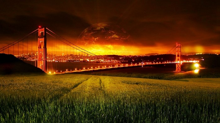 Golden Gate Bridge at night with a large planet in the sky